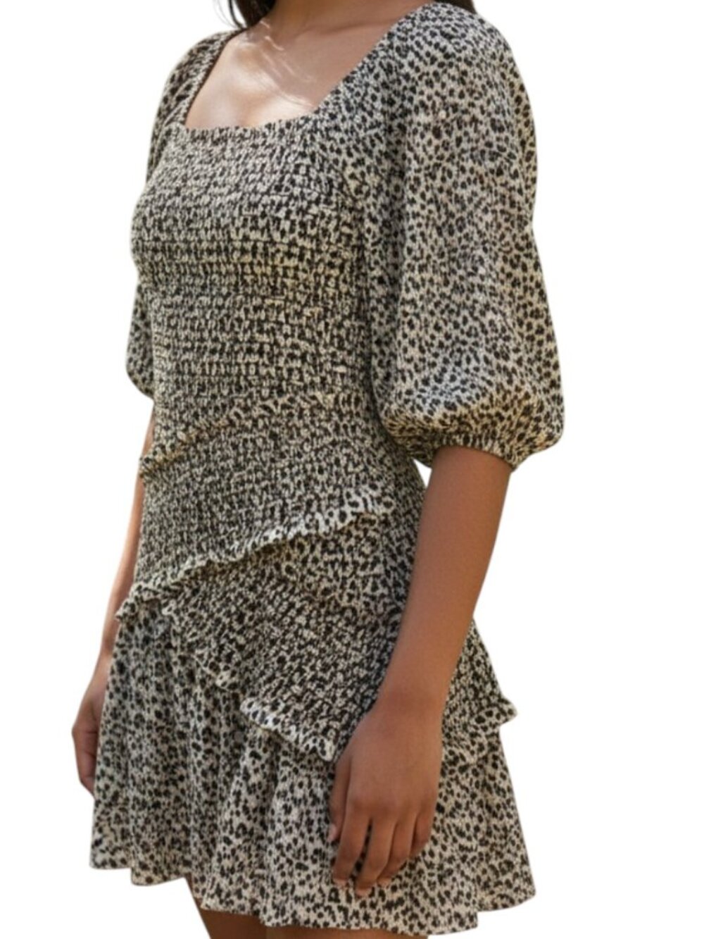 Madison Marcus Beige and Black Leopard Smocked Puff Sleeve Mini Dress